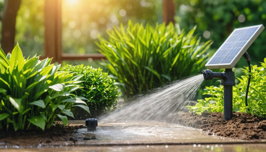 Flourishing garden being watered by solar-powered sprinkler system