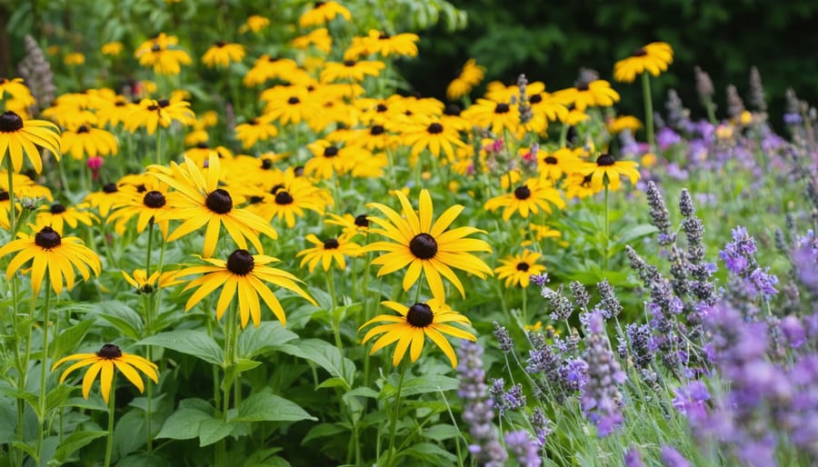 "A colorful garden featuring Black-Eyed Susans, Coneflowers, and Lavender in full bloom during midsummer."