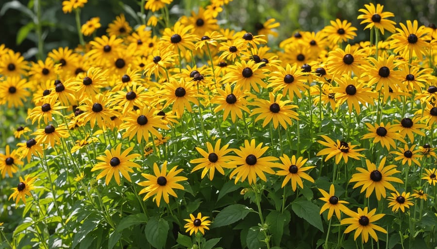 Colorful garden bed with blooming Black-Eyed Susans and Purple Coneflowers