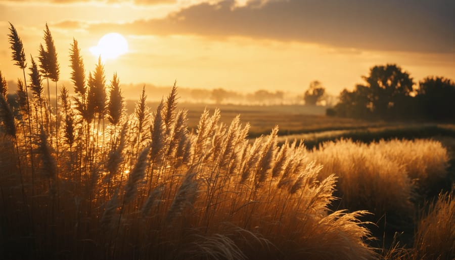 Towering ornamental grasses silhouetted against an orange sky, showing their dramatic height and flowing plumes
