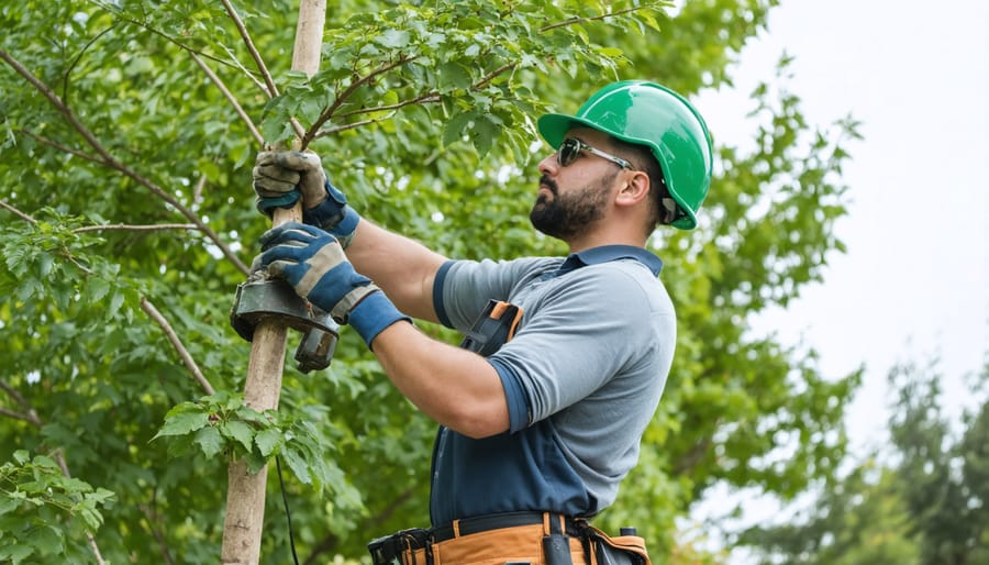 Professional landscaper wearing safety gear while carefully pruning a flowering tree