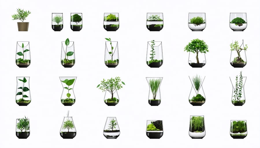 Four-panel image showing the progression of building a miniature ecosystem from empty container to completed garden