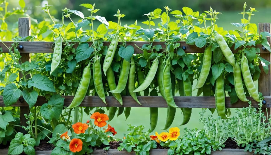Lush vegetable garden featuring sugar snap peas on trellises, surrounded by colorful nasturtiums, fragrant herbs, and root vegetables such as radishes and carrots, illustrating effective companion planting techniques.