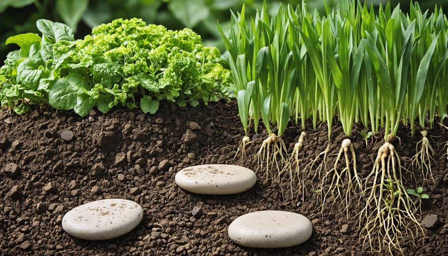 "A vivid garden scene displaying healthy, aerated soil with earthworms, mulch, and cover crops like daikon radish and alfalfa, highlighting natural solutions to soil compaction."
