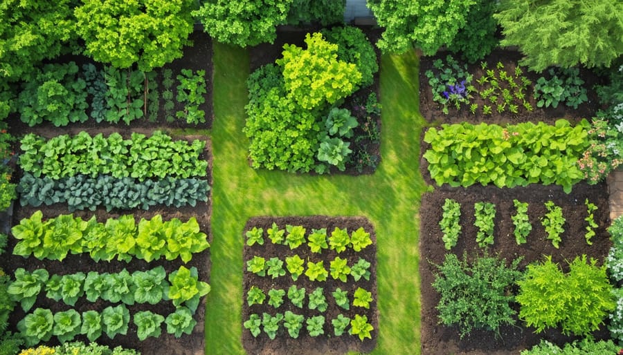 Aerial view of a backyard garden showcasing healthy soil practices with vibrant plants, no-till sections, compost areas, and cover crops, symbolizing climate action through sustainable gardening.