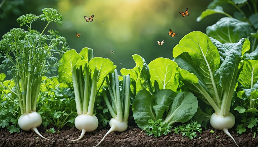 A flourishing kohlrabi plant surrounded by dill, cilantro, and other companion plants, illustrating effective garden companion planting.
