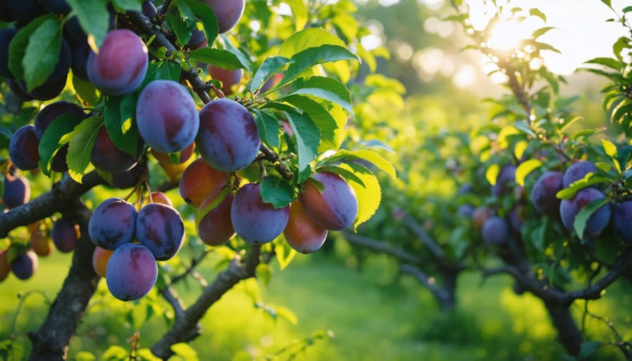 "A healthy plum tree full of ripe fruit in a vibrant sunlit garden, surrounded by lush greenery."
