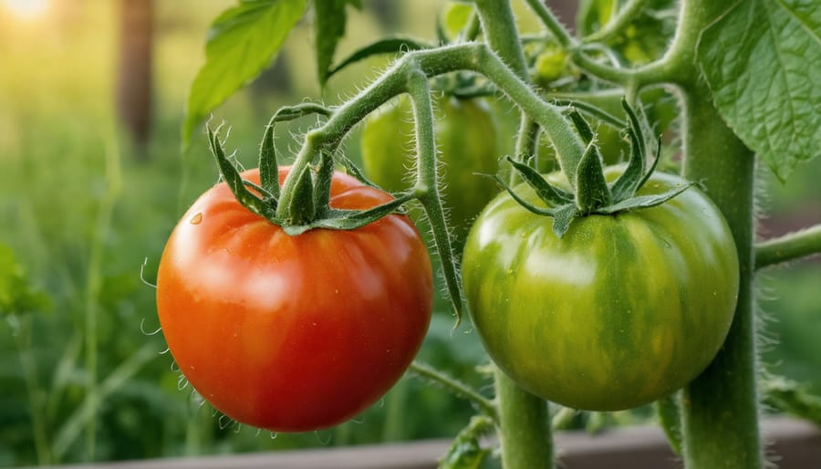 Tomato plant with ripe fruit showing yellowing leaves indicating nutrient deficiency