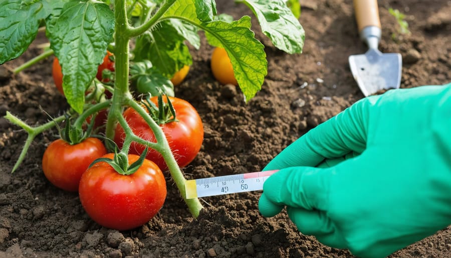 Gloved hand holding a soil pH test strip next to the base of a tomato plant with ripe tomatoes, with blurred garden beds, a watering can, and a trowel with granular amendment in the background