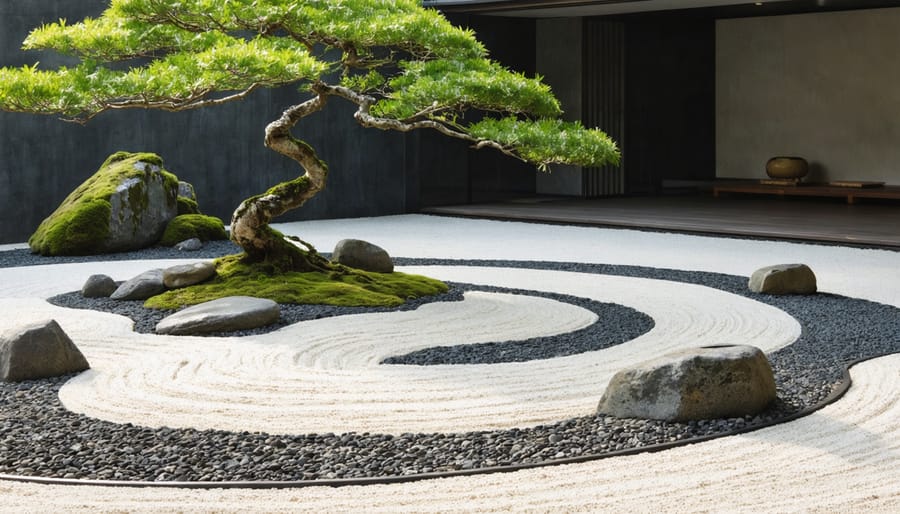 A peaceful zen garden featuring concentric raked sand patterns around stones, with a Japanese maple and mossy patches, nestled against modern architectural structures.