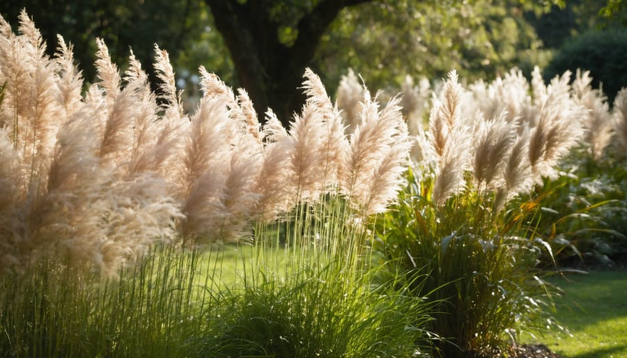 A tranquil garden featuring a mix of tall and delicately blooming ornamental grasses. Sunlight creates a mesmerizing dance of light, highlighting the natural movement and texture of the grasses in a serene outdoor space.