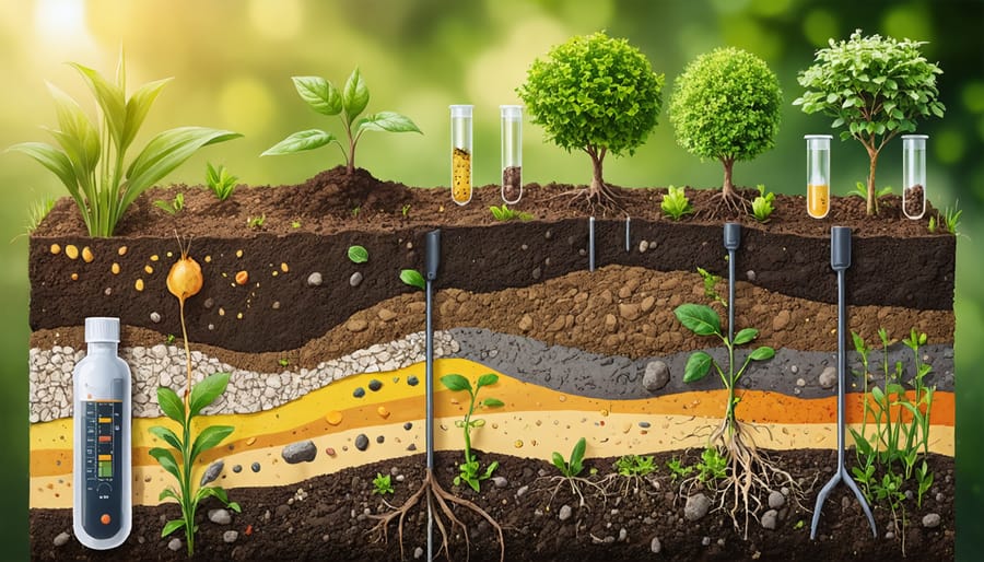 Cross-section illustration of garden soil showing organic matter, nutrients, and microorganisms with pH meter and test tubes, topped by a thriving garden.