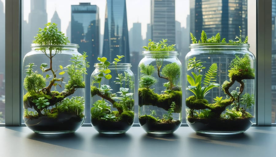 Conceptual image of a miniature urban microgarden inside a glass jar, showcasing moss, ferns, and succulents against an urban cityscape background, symbolizing ecological balance in compact spaces.