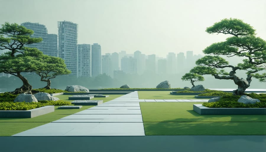 Peaceful zen garden sanctuary nestled between tall city buildings