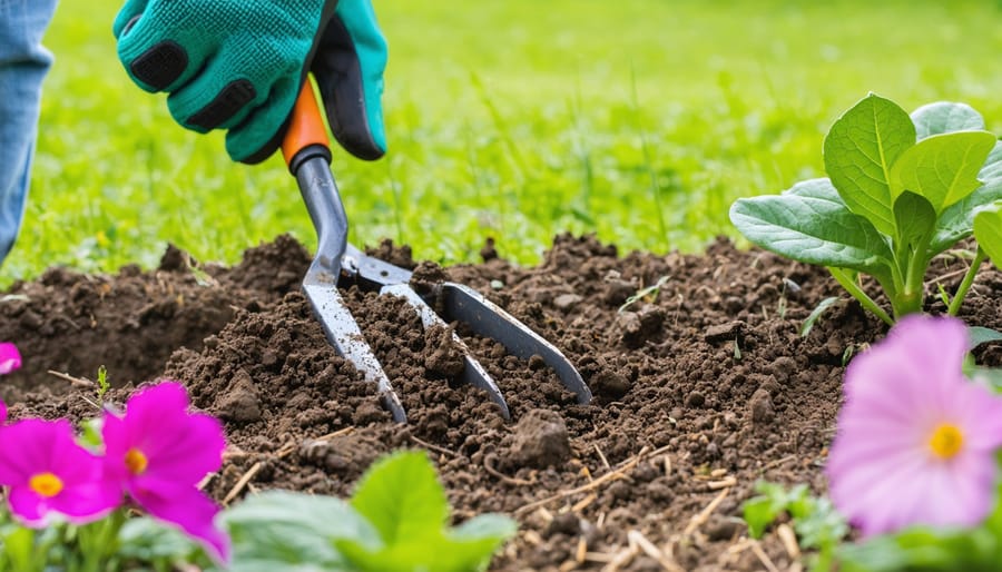 A gardener using a 3-prong cultivator in a lush garden, demonstrating its effectiveness in breaking up soil and promoting plant growth. The image highlights the tool's rust-resistant tines and ergonomic handle.