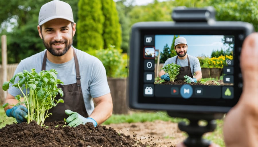 Gardening expert demonstrating composting methods during a social media live stream