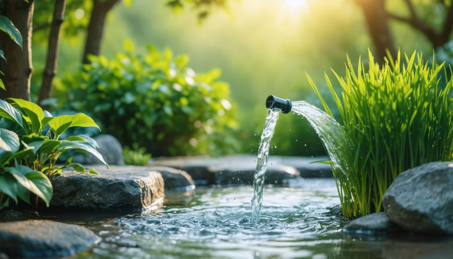 Hands holding a jar of water sample in a garden for quality testing