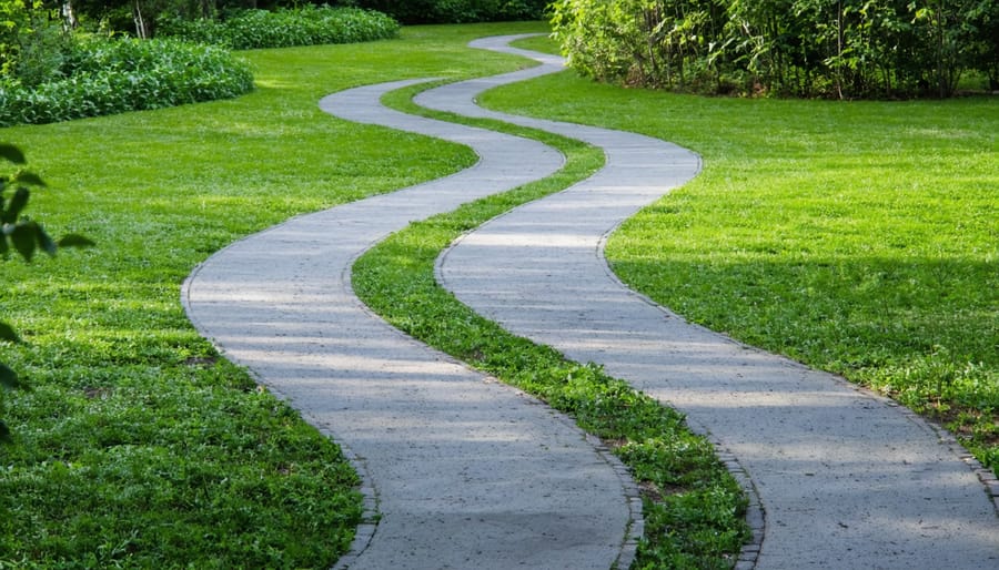 Natural garden path curving through native plantings with butterflies and birds visible