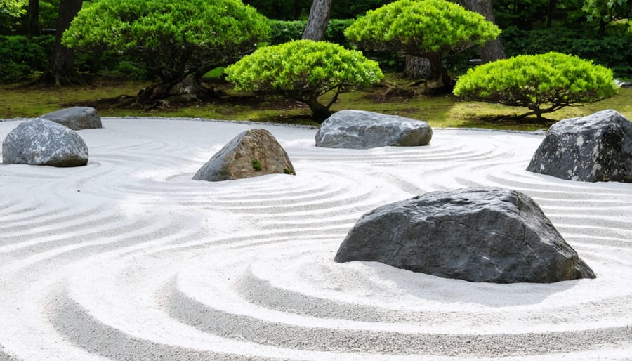 Minimalist zen garden featuring concentric circles raked in white sand around carefully placed stones