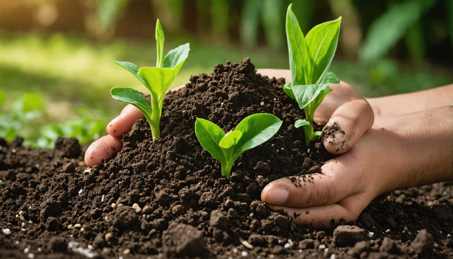 Hands mixing dark compost into garden soil with a garden fork