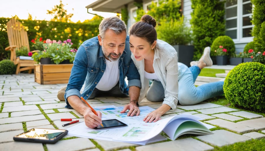 Homeowner couple in a sunlit backyard garden reviewing plans on a tablet next to patio pavers, wooden raised-bed frames, and irrigation tubing, with a house and trellis softly blurred in the background.