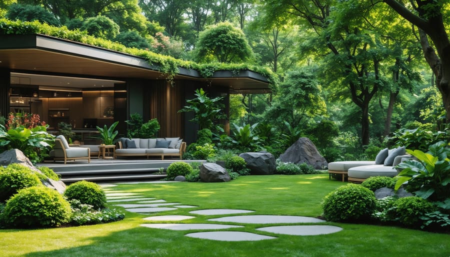Person using tablet computer in garden setting with landscaped plants in background