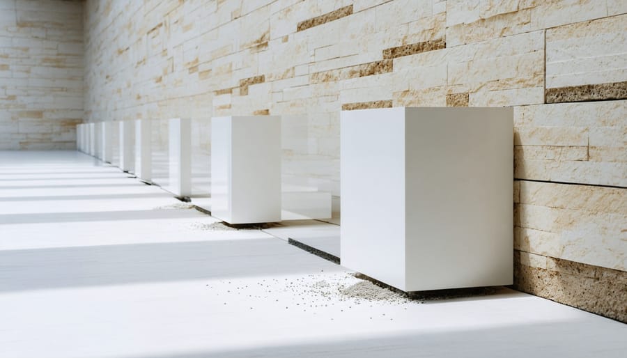 Construction worker operating plate compactor on gravel base for retaining wall installation