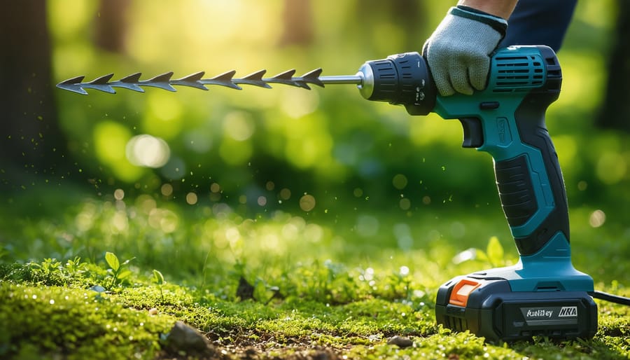 Cordless electric garden tools including trimmer and mower on lawn