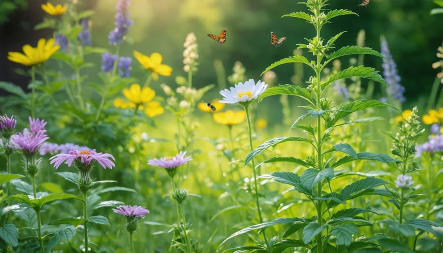 Colorful pollinator garden with mixed flowering plants and vegetables