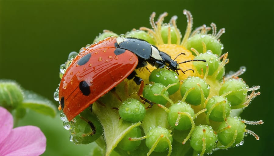 Close-up of a red ladybug eating green aphids on a dewy rosebud, with a softly blurred vegetable bed, marigolds, a hovering lacewing, and a ground beetle on soil in warm golden hour light.
