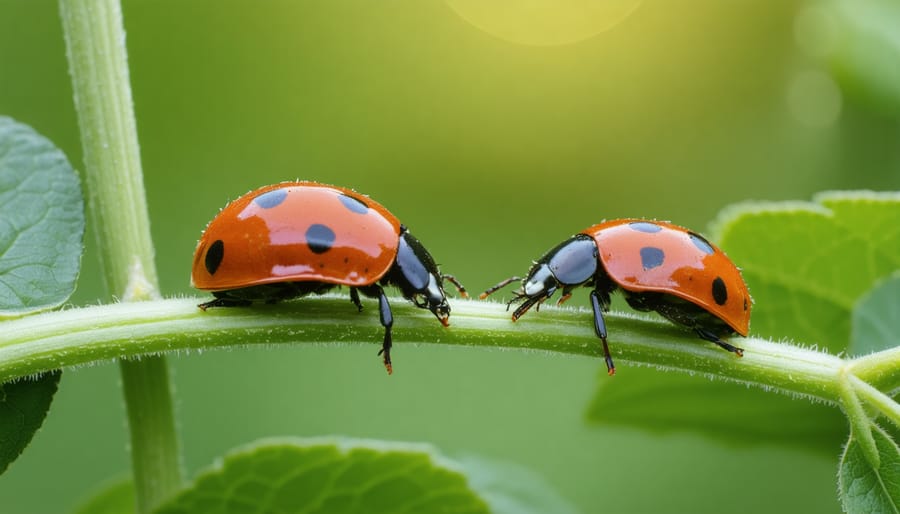 Ladybug on basil leaf hunting aphids in herb garden