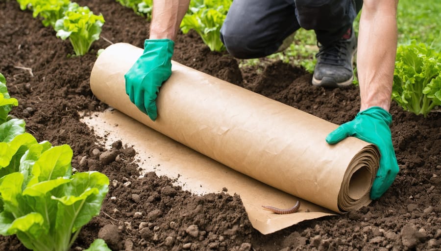 Hands unrolling brown biodegradable garden paper between vegetable rows with fresh mulch along the edges, an earthworm visible at the paper–soil seam, shot from above in soft daylight with blurred raised beds behind.