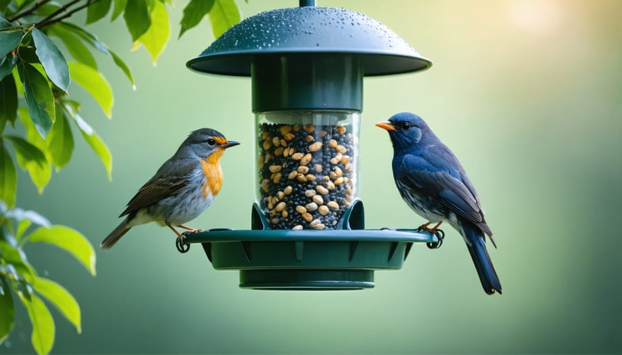 Songbird at garden bird feeder with blurred foliage background