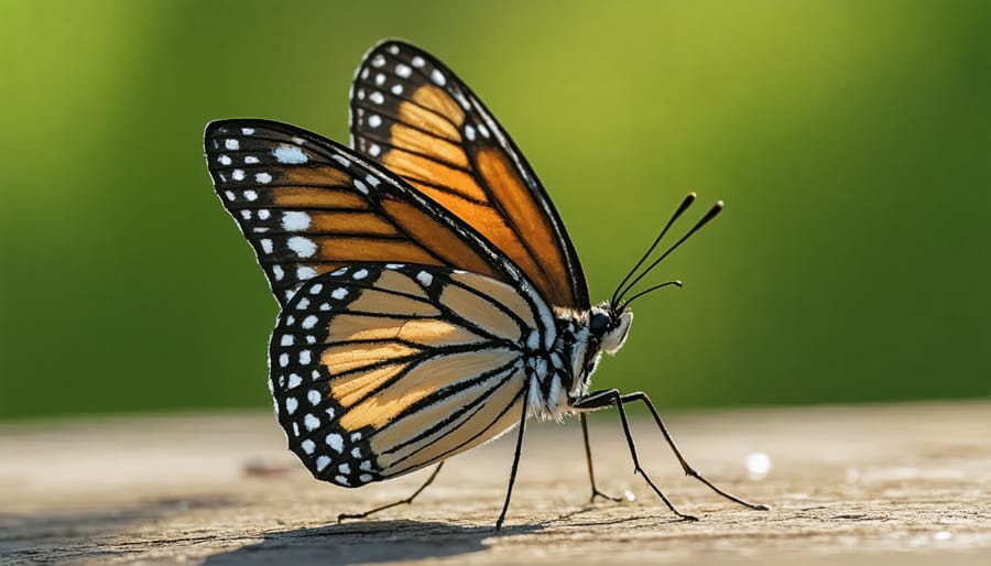 Colorful butterfly perched on purple coneflower in garden setting