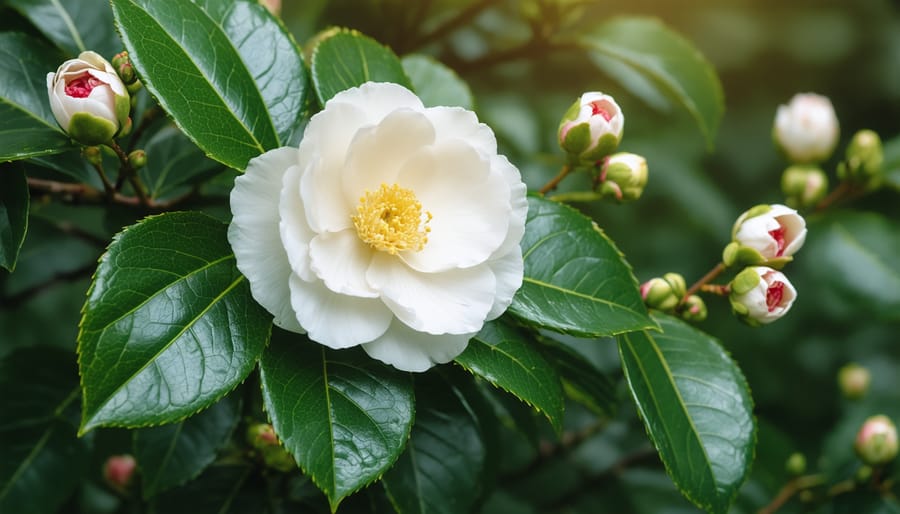 Close-up of white camellia flowers with glossy green leaves in shade garden
