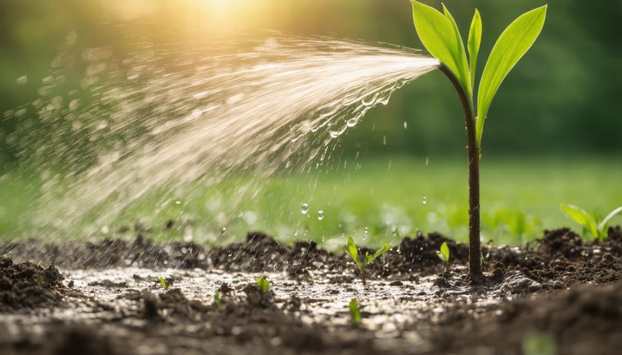 Close-up of clean water being poured onto dark soil showing healthy plant roots