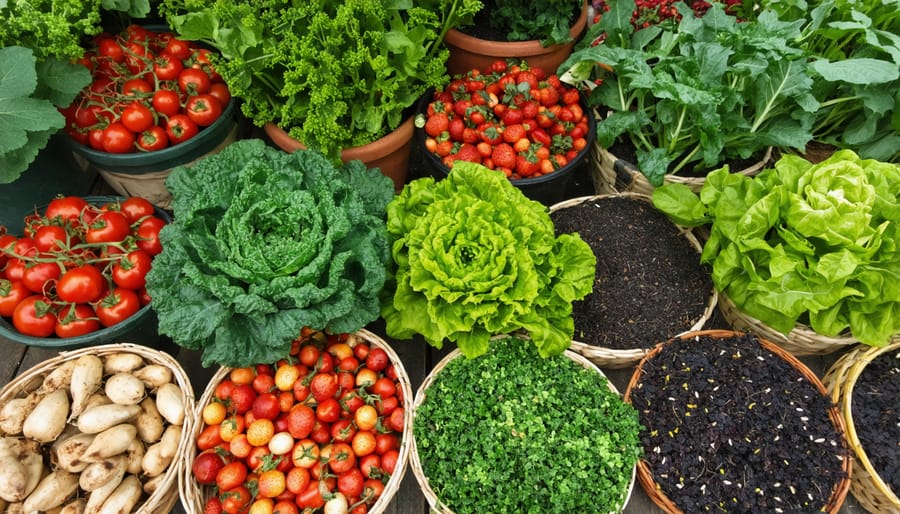 Diverse group of gardeners exchanging heritage seeds and plants at community garden gathering