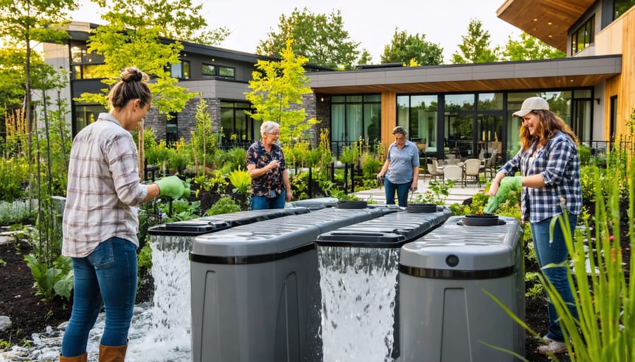Group of community gardeners gathered around blue rainwater collection barrels in garden setting