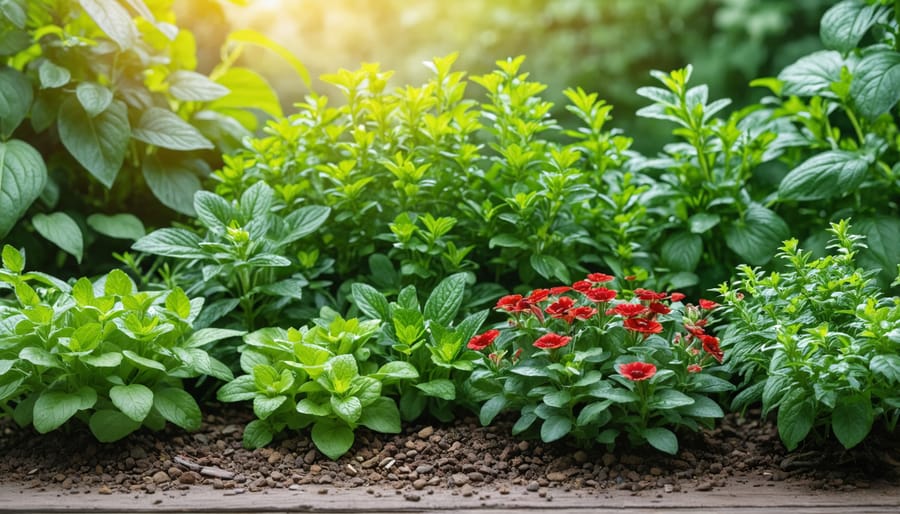 Mixed herb garden showing basil, rosemary, sage, and thyme growing together in raised bed