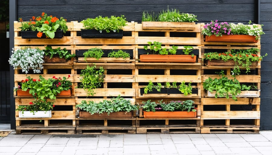 DIY pallet vertical garden with herbs and lettuce mounted on brick wall