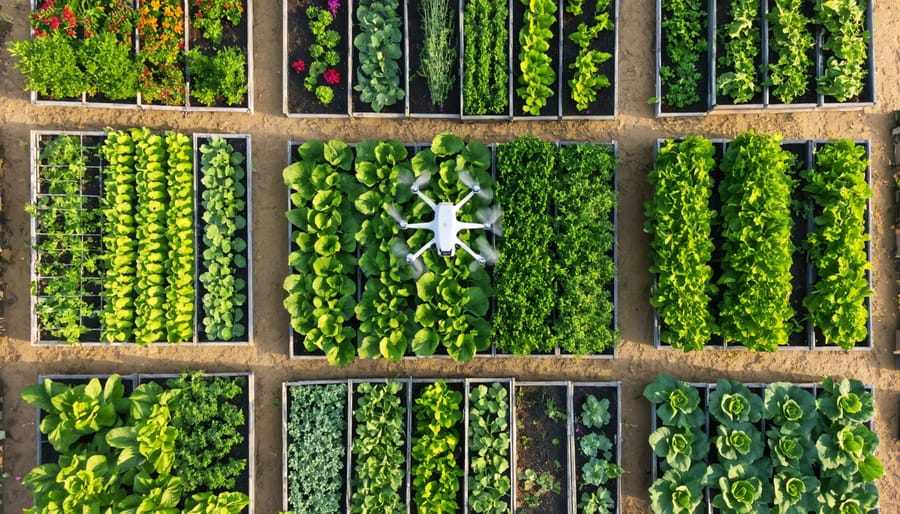 Compact quadcopter drone hovering over a suburban backyard vegetable garden with raised beds during golden hour, photographed from a 45-degree angle to illustrate drone-assisted garden monitoring.