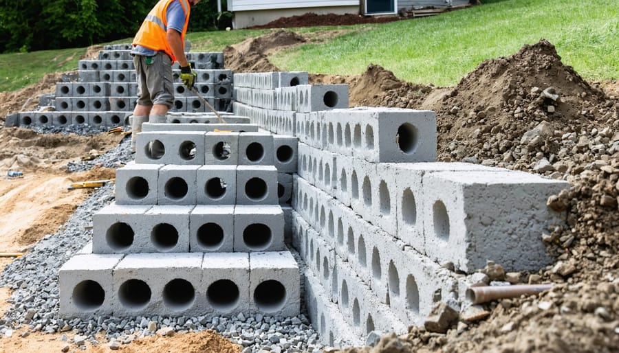 Contractor checking level on interlocking block retaining wall under construction, with visible perforated drain pipe and gravel backfill in a suburban garden.
