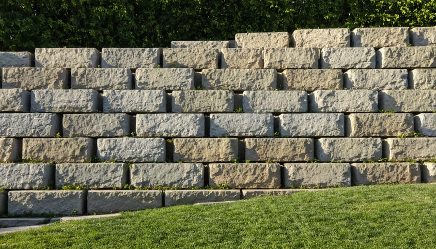 Failed retaining wall showing bulging stones and structural cracks in residential garden