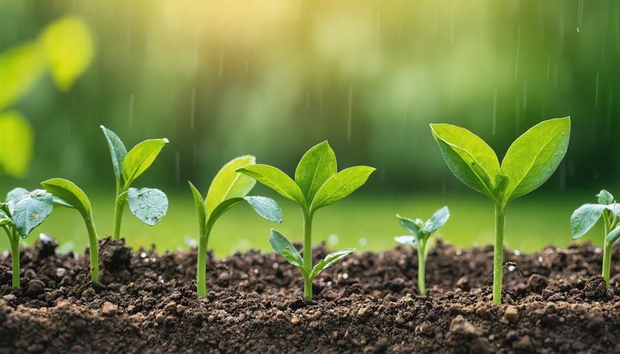 Person checking weather data on smartphone in community garden with rain gauge visible