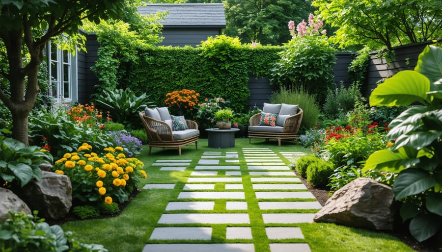 Happy couple standing in their newly renovated garden with greenhouse and raised beds
