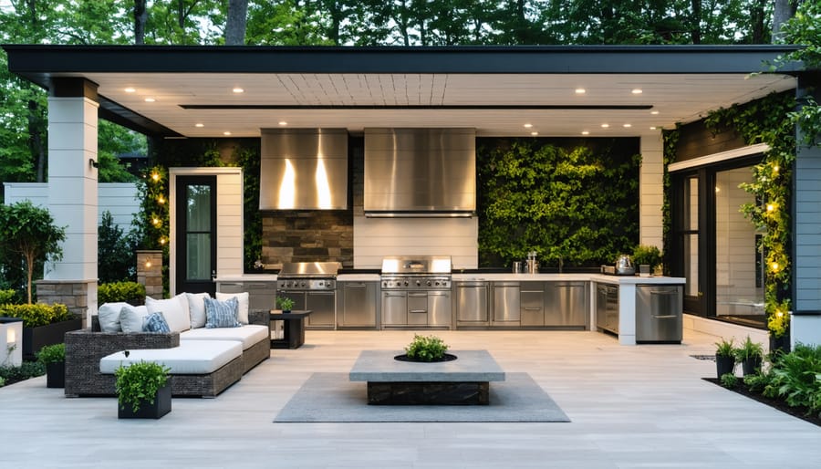 Beautifully landscaped outdoor living space with stone patio, pergola, and outdoor kitchen