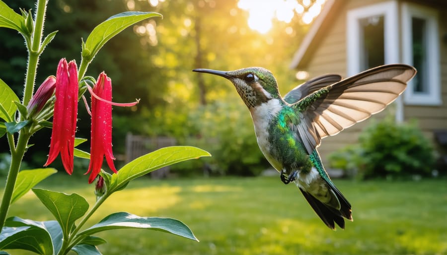 Eye-level close-up of a ruby-throated hummingbird hovering beside a red bee balm flower in a backyard garden at golden hour, with a softly blurred bird feeder, wooden fence, and house window in the background.