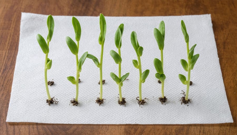 Close-up of germinated seeds with white sprouts emerging on damp paper towel