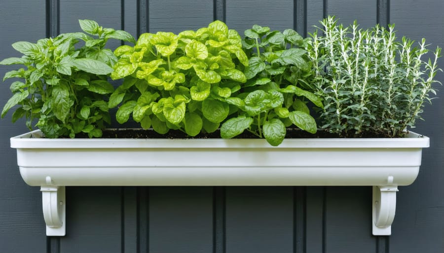 Rain gutter vertical herb garden with basil and cilantro mounted on fence