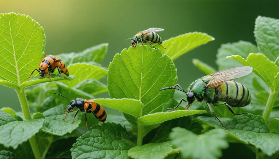 Healthy tomato plants with ripe fruit in organic garden